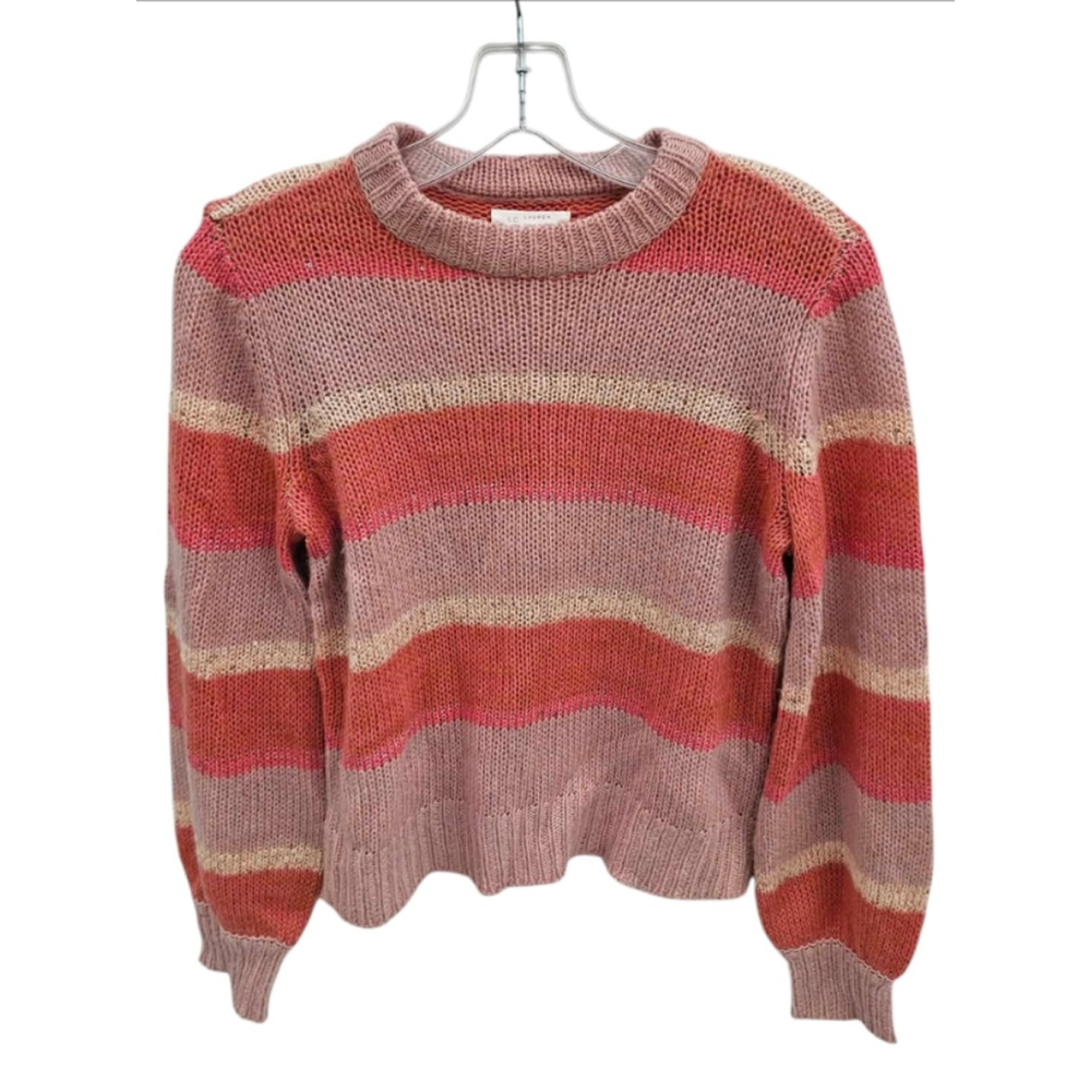 LC Lauren Conrad Striped Sequin Knit Sweater XS Pink Coral Sparkle EUC